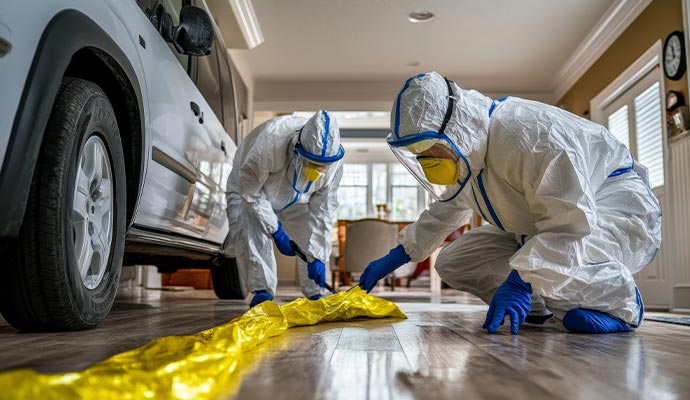 Cleanup crew in HAZMAT suits.