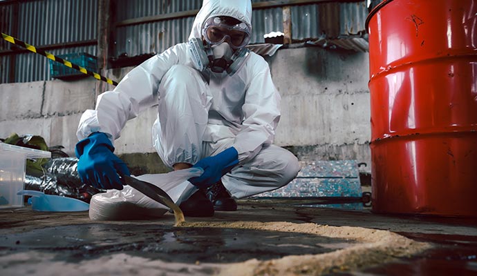 Professional chemical spill cleanup service An expert cleaning up a chemical spill using protective gear and specialized equipment