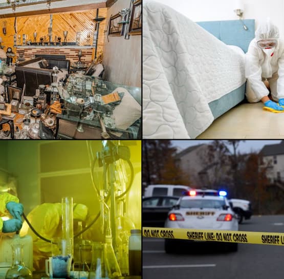 Collage of hoarding scenes blood drug labs accident cleanup service
