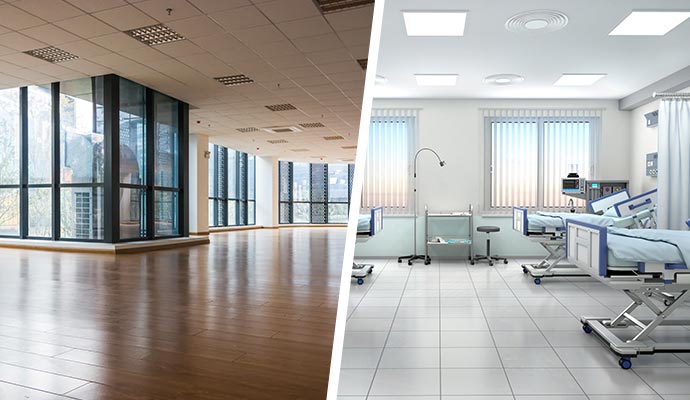 Collage showing clean office and hospital interiors Collage showing clean office and hospital interiors