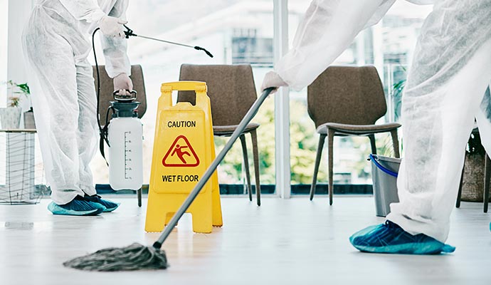 Workers in HAZMAT suits disinfecting an office.