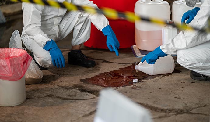 Emergency chemical spill cleanup response team cleaning affected area