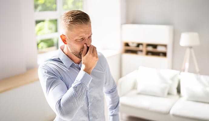 Man holding nose due to bad smell A man holding his nose and reacting to a bad smell in a modern living room