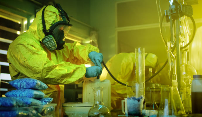 Professional removal of hazardous chemicals from former drug lab Professionals safely removing hazardous materials and chemicals from former drug lab