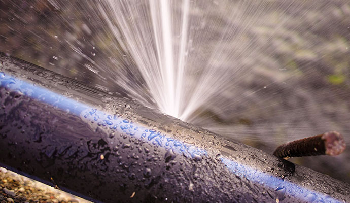 Water busting out from a broken water pipe