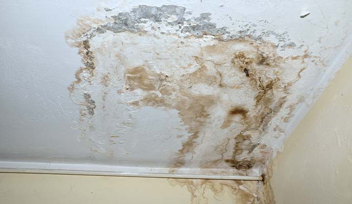 Severe water damage on ceiling and wall corner with peeling paint and mold stains