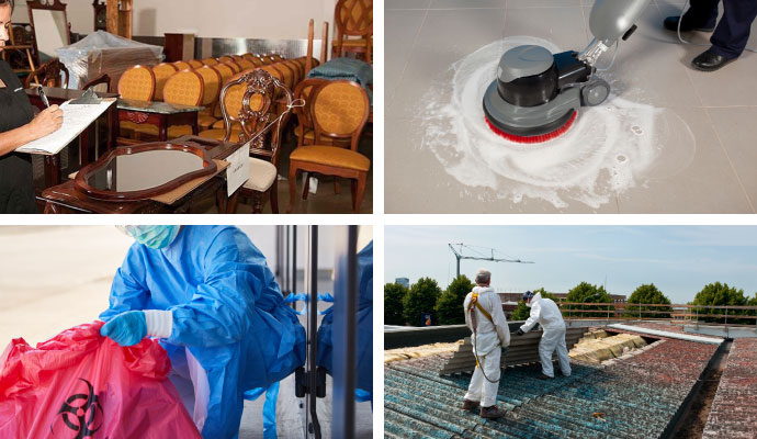 Collage of a person listing inventory, floor deep cleaning, biohazard cleanup and asbestos removal services