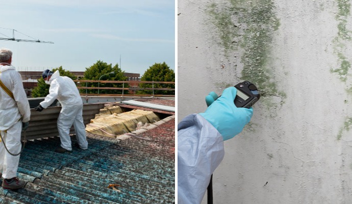 Collage of asbestos abatement cleaning and moisture testing
