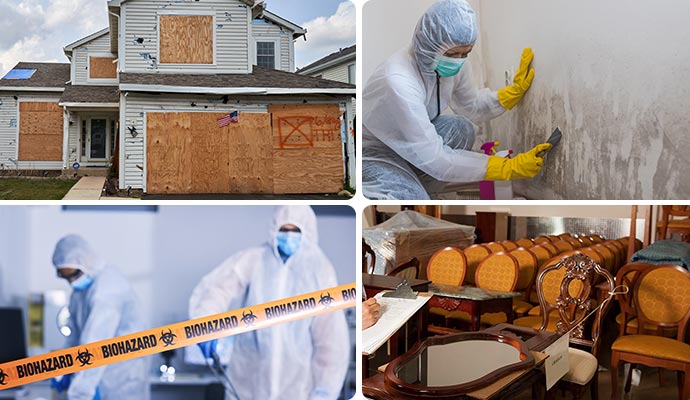 Collage of boarded up house, mold remediation, biohazard cleanup and clean content