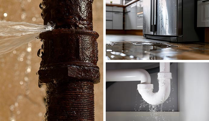 Collage of a broken water pipe, appliance leak and plumbing leak