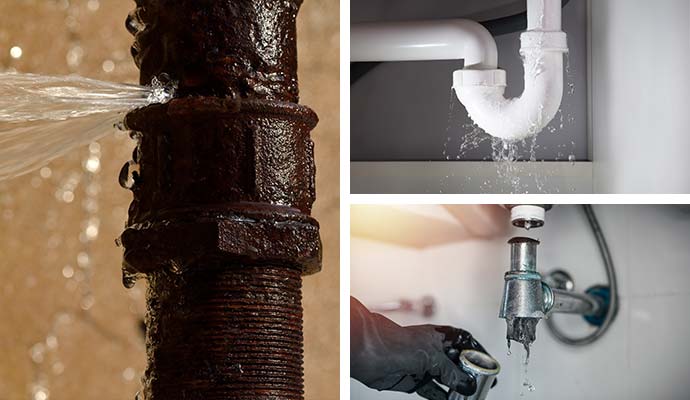 Collage of burst pipe spraying water, leaking P-trap pipe, and clogged drain pipe