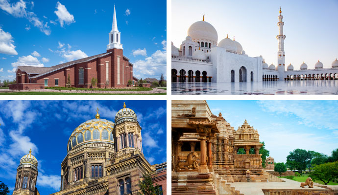Collage of churches, mosques, synagogues, temples
