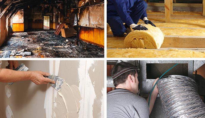 Collage of fire damage, insulation, drywall repair and HVAC system cleaning