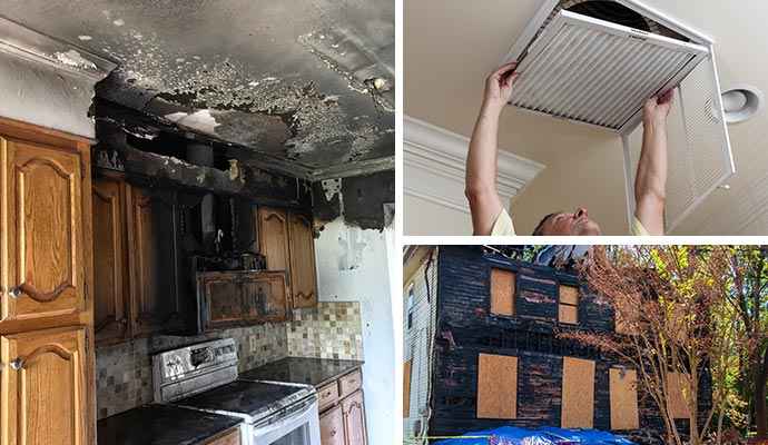 Fire damaged house, duct cleaning and boarded-up house Collage of fire damaged house, duct cleaning and boarded-up house