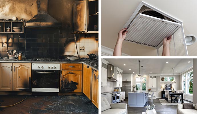 Collage of fire damaged kitchen, duct cleaning service, and clean dining space