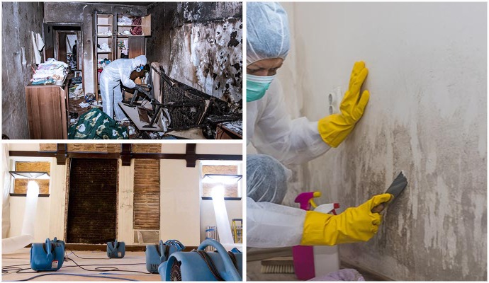 Collage of fire water and mold damage restoration