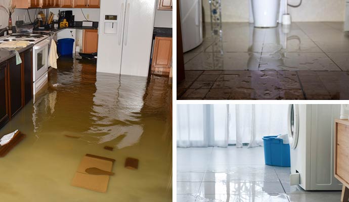 Collage of flood damaged floor, water leakage in bathroom and water leaking from washing machine