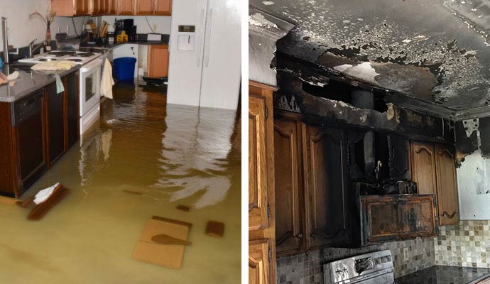 Collage of flood damaged room and fire damaged ceiling in kitchen