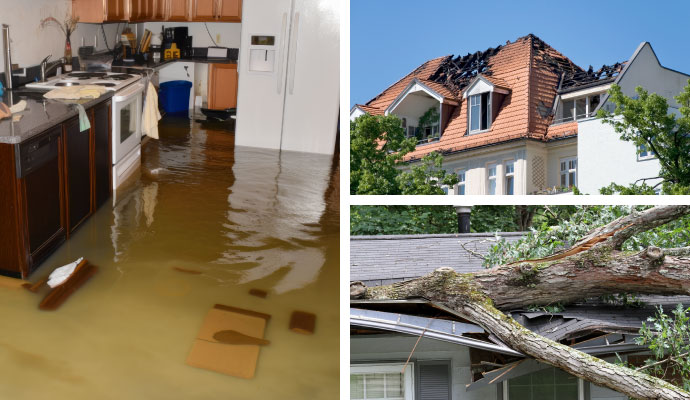 Collage of flood damaged room, fire and storm damaged roofs