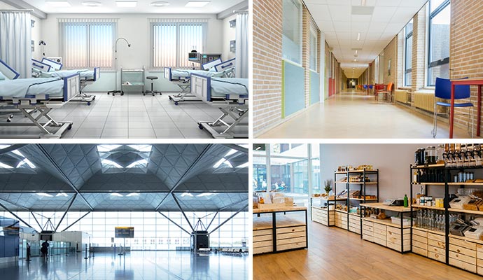 Collage of hospital, school hallway, airport and retail store