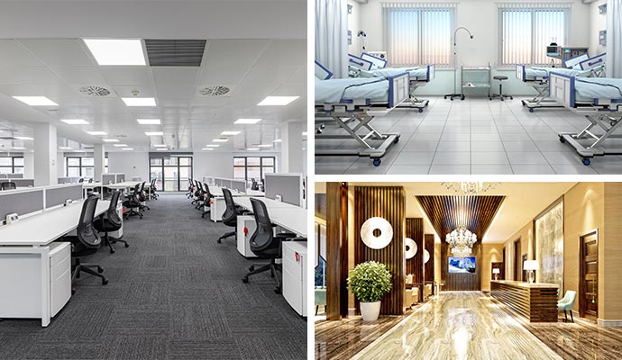 Collage of Office, hospital and hotel interiors Collage showing the interiors of an office, a hospital and a hotel