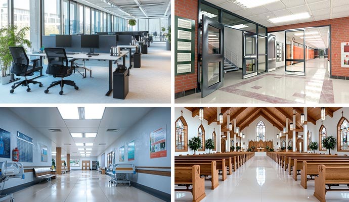 Collage of office, school, hospital, and church