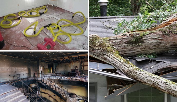 Visual summary of storm, fire, and water property damage Collage of water, fire, and storm damaged scenarios on residential properties