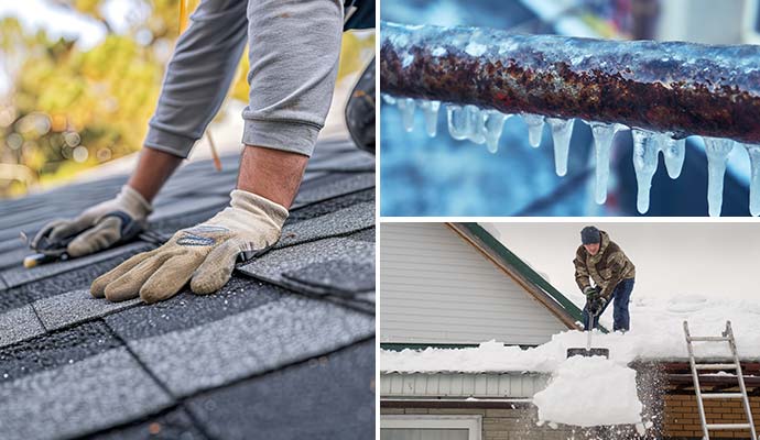 Collage of roof maintenance service, ice damaged pipe and a person removing snow from roof