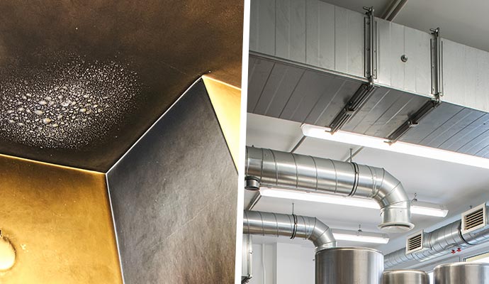 Collage of a smoke and soot damaged ceiling and an industrial air duct system Collage of a smoke and soot damaged ceiling and an industrial air duct system