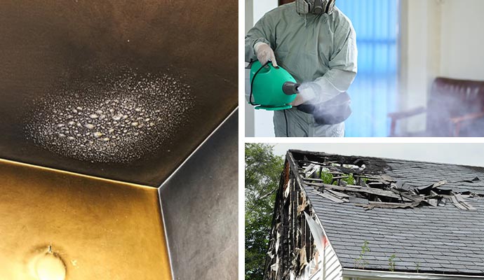 Collage of soot damaged ceiling, smoke odor removal service and structural fire damaged house