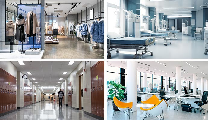Collage of stores, health care, office buildings, and schools.