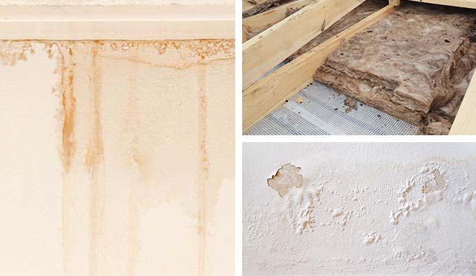 Collage of water stains on wall, wet attic insulation, and bubbling peeling paint