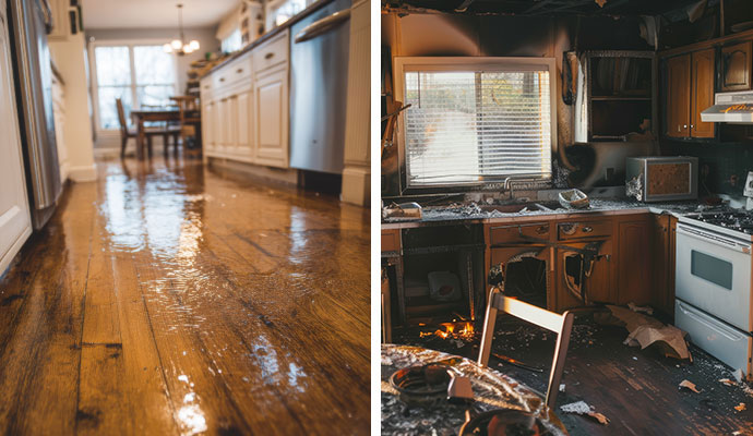 Collage of water and fire damaged property