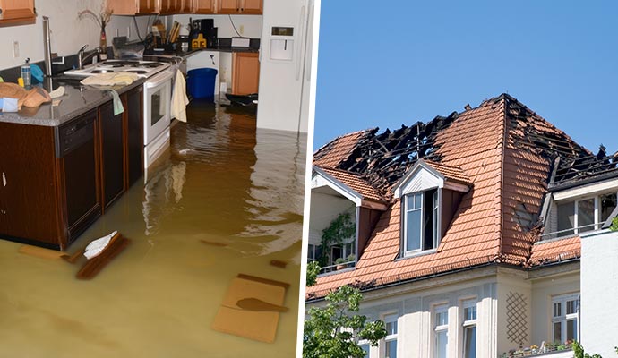 Collage of water and fire damage Collage of water and fire damage