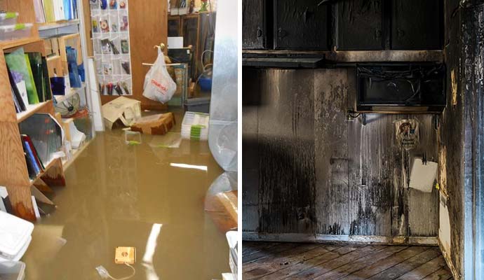 Collage of water and fire damaged houses