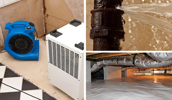 Collage of water damage extraction, burst water pipe and crawl space encapsulation