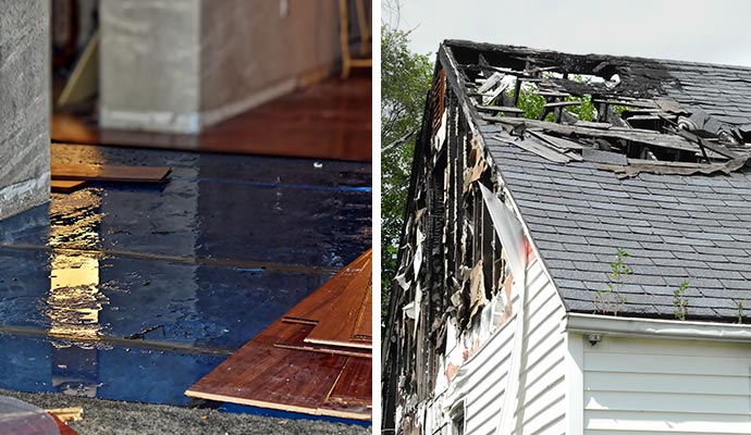 Collage of water damage floor and fire damage house