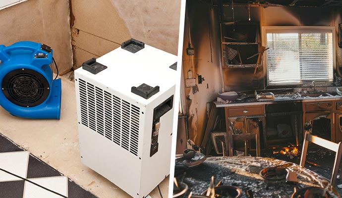 Collage of water damage restoration service and fire damaged house