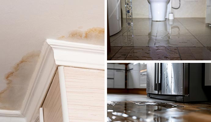 Collage of water damaged ceiling, flooded toilet and leaky appliance