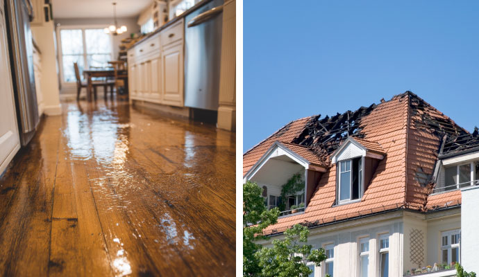 Collage of water damaged floor and fire damaged roof of a house