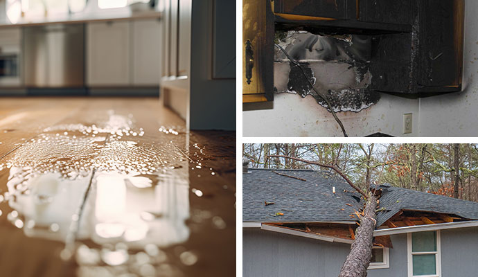 Collage of water damaged floor, fire damaged kitchen and storm damaged roof