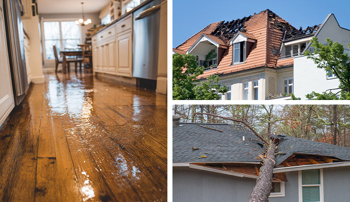 Collage of water fire and storm damage property