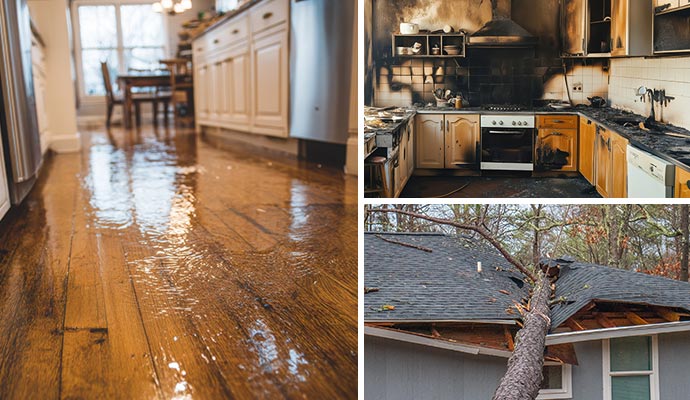 Collage of water on the floor, fire damaged house and storm-damaged property.