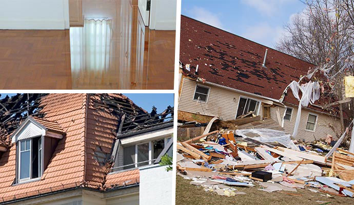 Collage of floor water damage, fire and storm-damaged property Collage of water on the floor, fire damaged house and storm-damaged property.