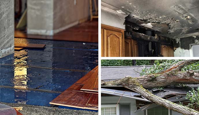 Collage of water fire and storm damaged residential property