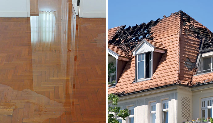 Collage of water on the floor and fire damaged house