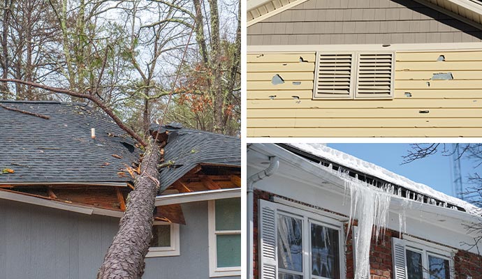 Collage of wind damaged house roof, hail damaged and snow damaged property