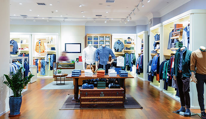 A brightly lit modern retail clothing store interior 