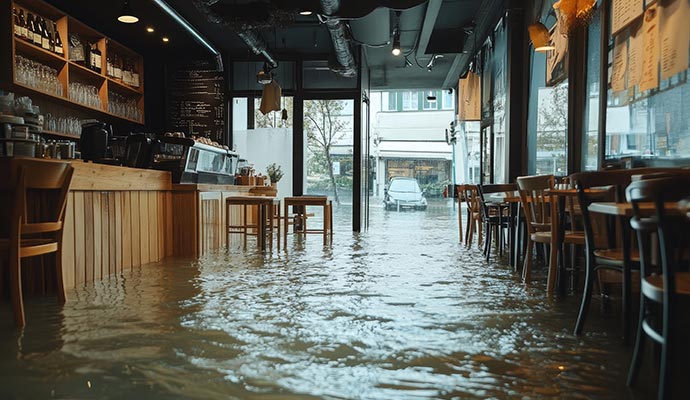 A heavily flooded restaurant interior