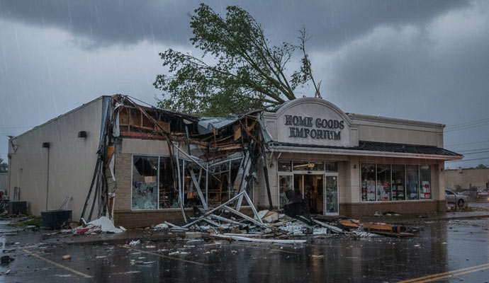 A retail store with structural storm damage from a fallen tree
